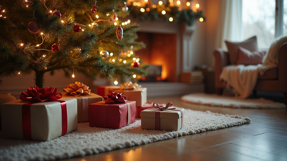 Eye-level view of a cozy living room with wrapped holiday gifts under a decorated Christmas tree
