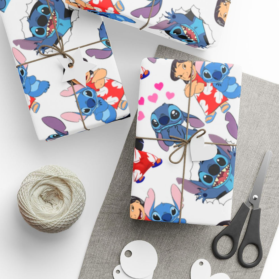 Cute cartoon-style Lilo and Stitch gift wrap design