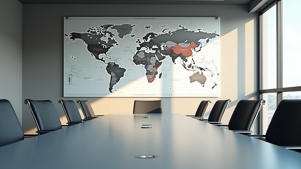 Eye-level view of a modern conference room with strategic maps on the wall