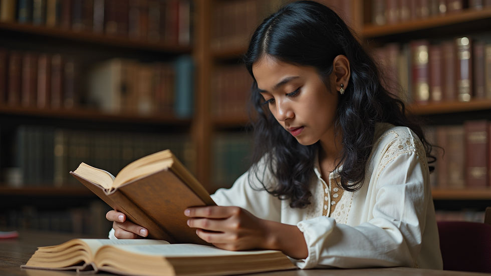 Close-up view of a student reading an ancient Indian manuscript in a library