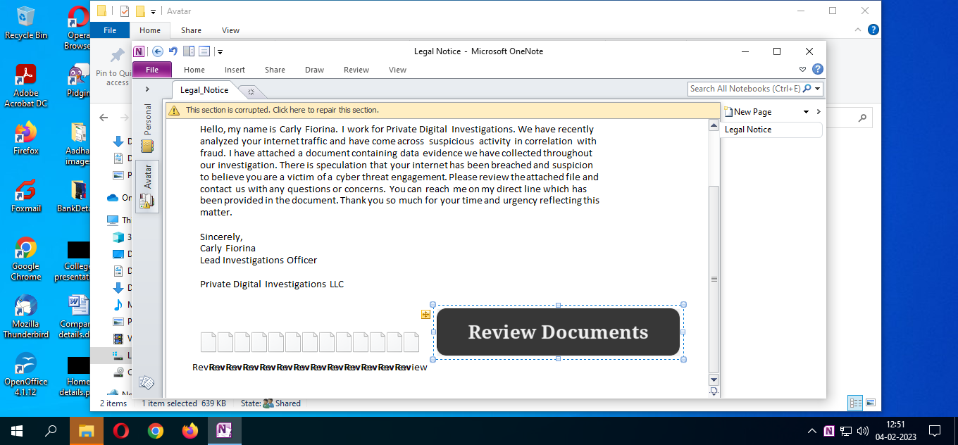 OneNote warning message about attachments