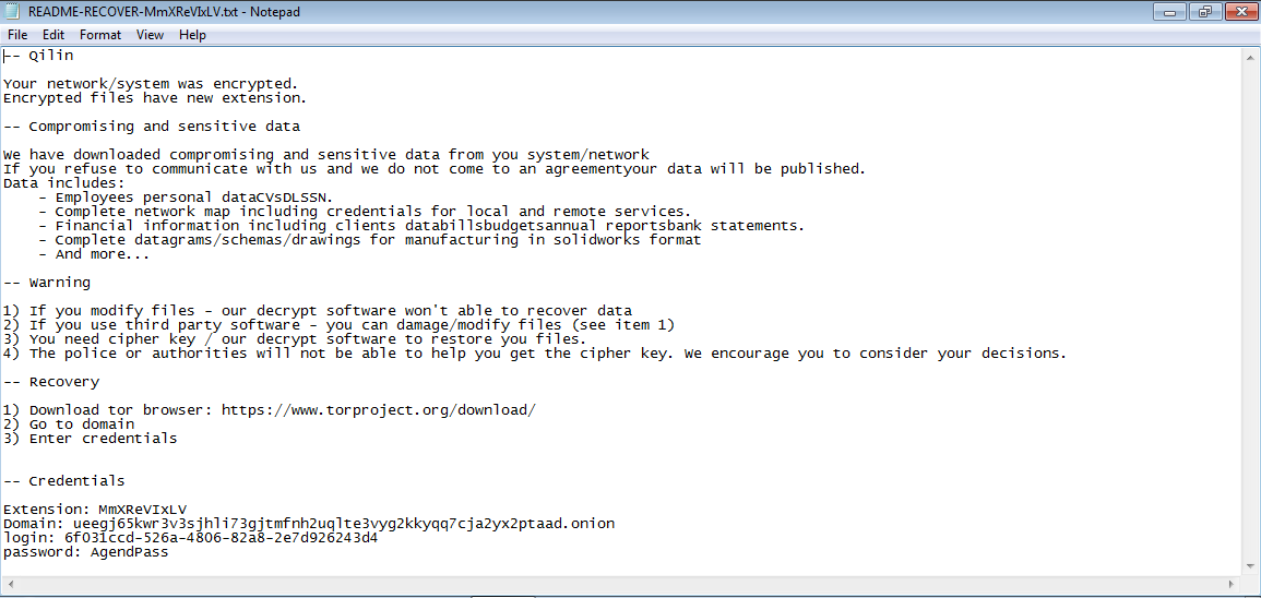 Qilin Ransomware README-RECOVER-MmXReVIxLV.txt ransom note