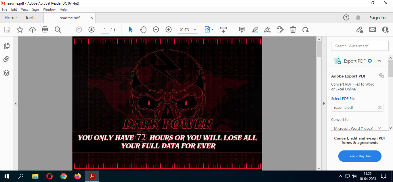 Dark Power ransomware readme.pdf ransom note page 1