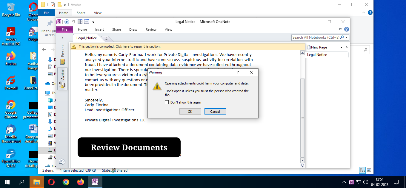 OneNote Review Documents prompt