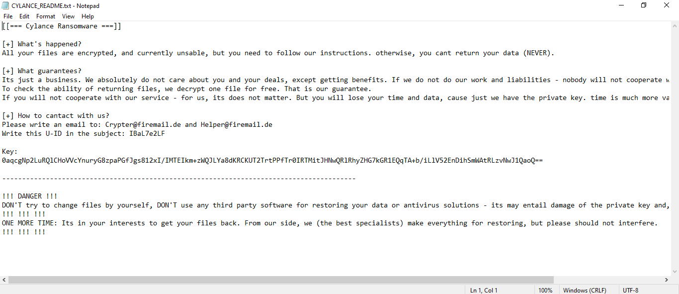 Cylance Ransomware CYLANCE_README.txt ransom note