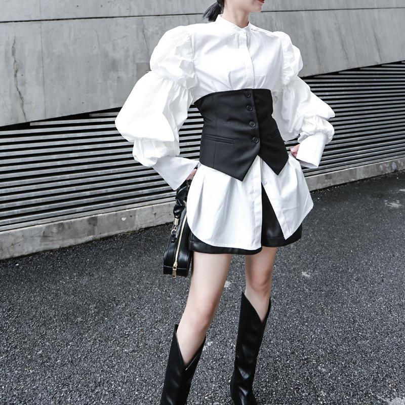 Thumbnail: Daoko Pleated Puff Long Sleeve Shirt - White