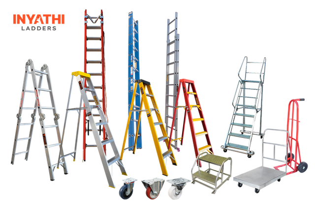 Inyathi aluminium and fibreglass ladders, castors, trolleys and mobile safety steps