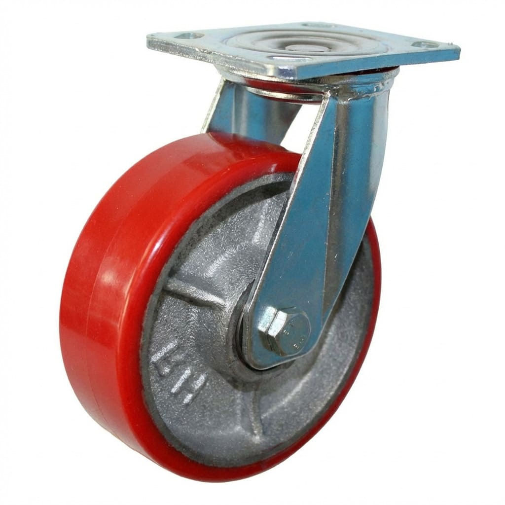 Red PU on Cast Iron Castors - Ball Bearing