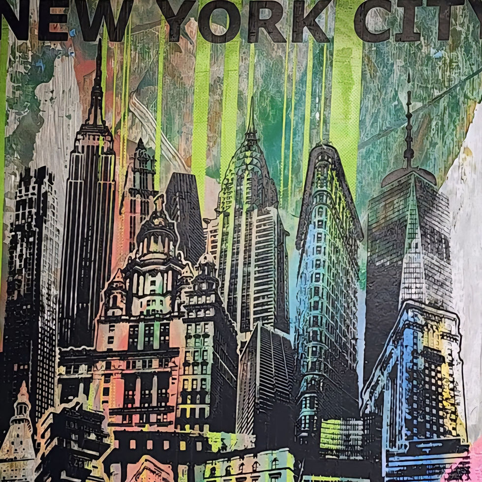 Thumbnail: Close-up of One-of-a-kind NYC Skyline Print: graphic with tropical burst abstract background on 13x19 in mixed media poster.