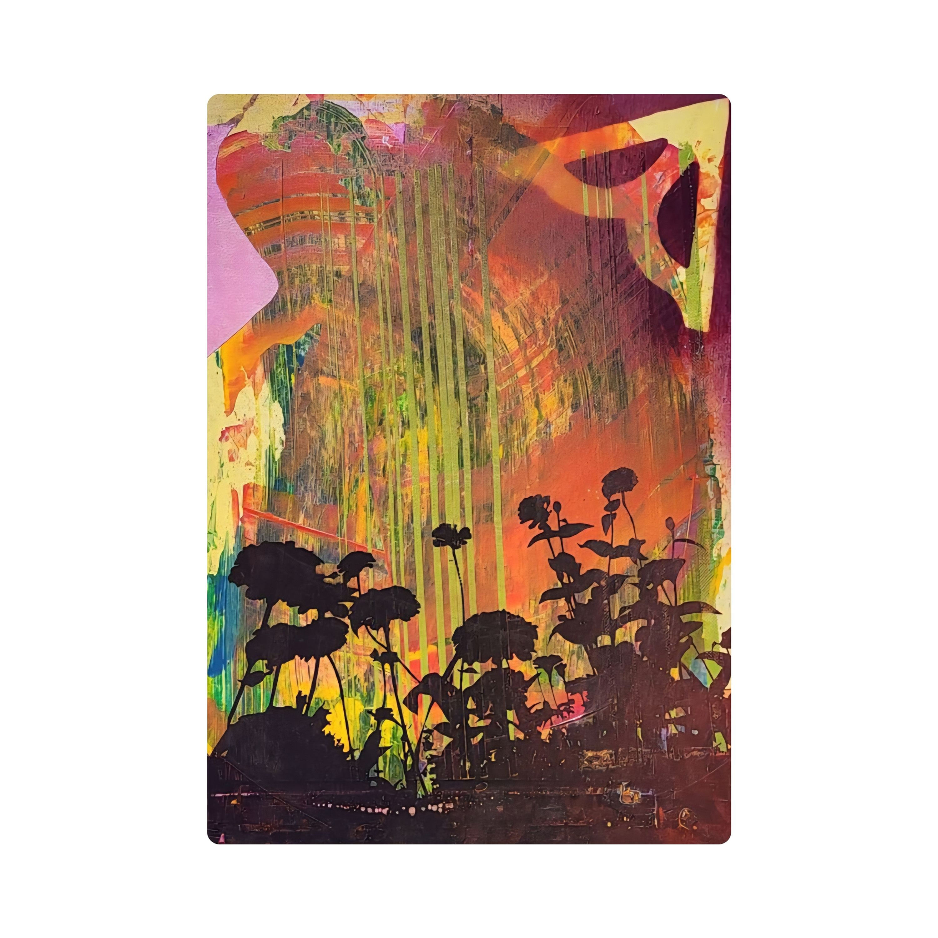 Floral print, 13x19 in., featuring black floral silhouettes against textured red/yellow/orange abstract background with green