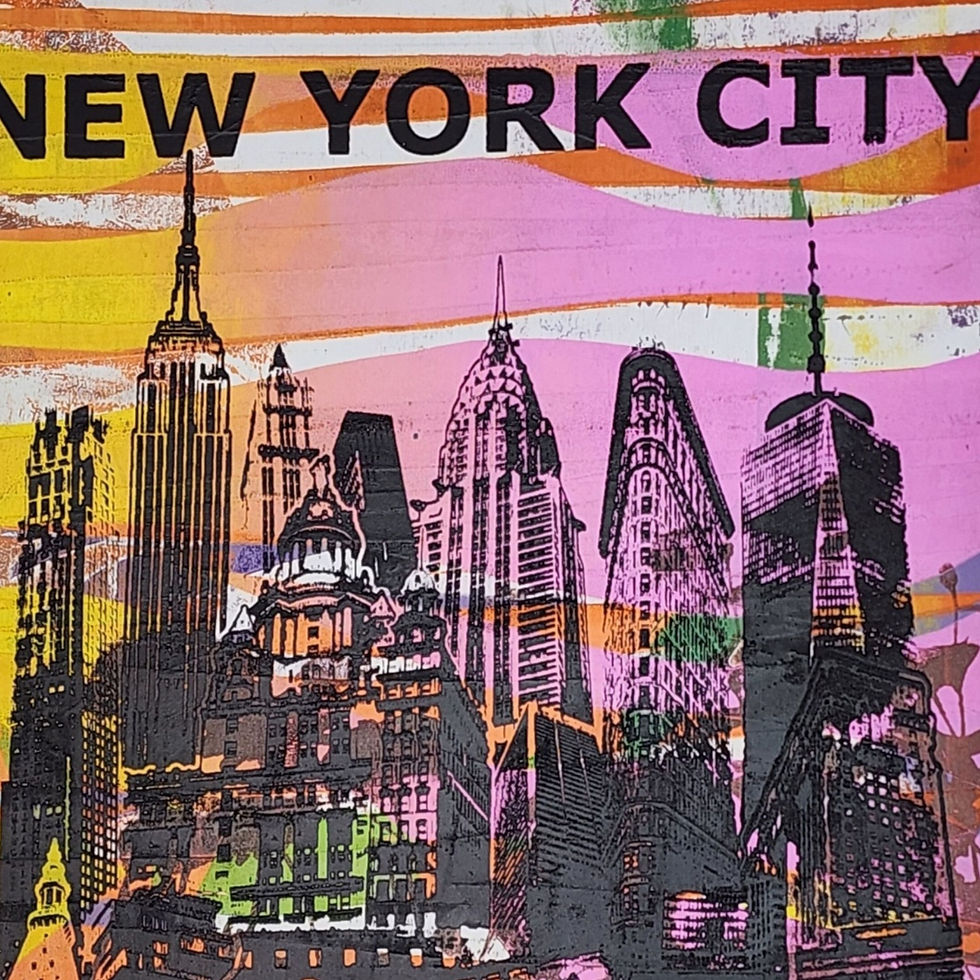 Thumbnail: Close up of a OOAK NYC Skyline Print: graphic with yellow pink fade background on 13x19 in mixed media poster.