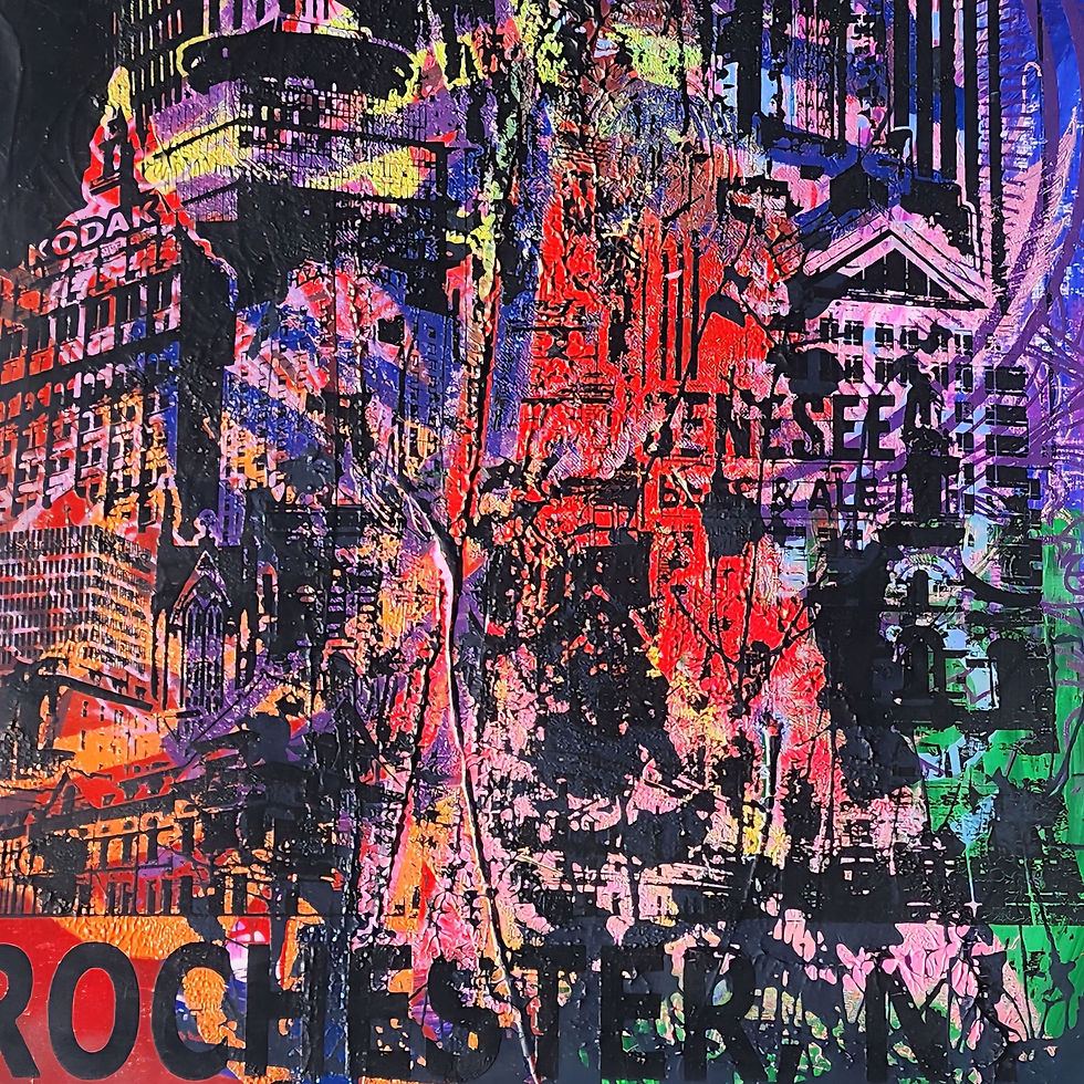 Thumbnail: close up of a OOAK 13x19" ROC Skyline print. Original hand screen printed art with large red and black circular designs.
