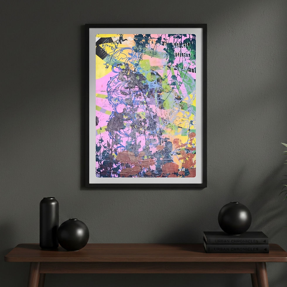 This vibrant Floral Graphic Print features the Flowers motif over an energetic abstract swirl of pink and