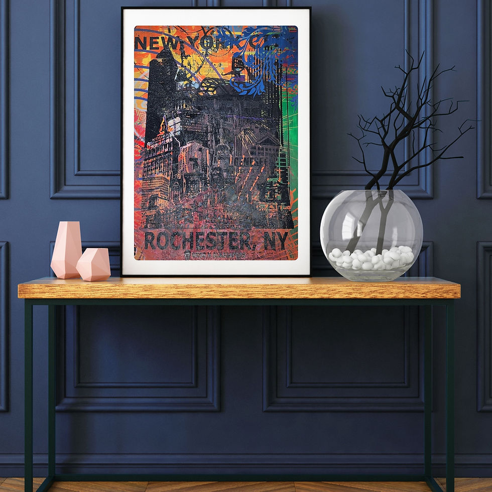 A framed OOAK NYC Skyline Print: graphic with red orange background resting on a wooden shelf against a navy wall.