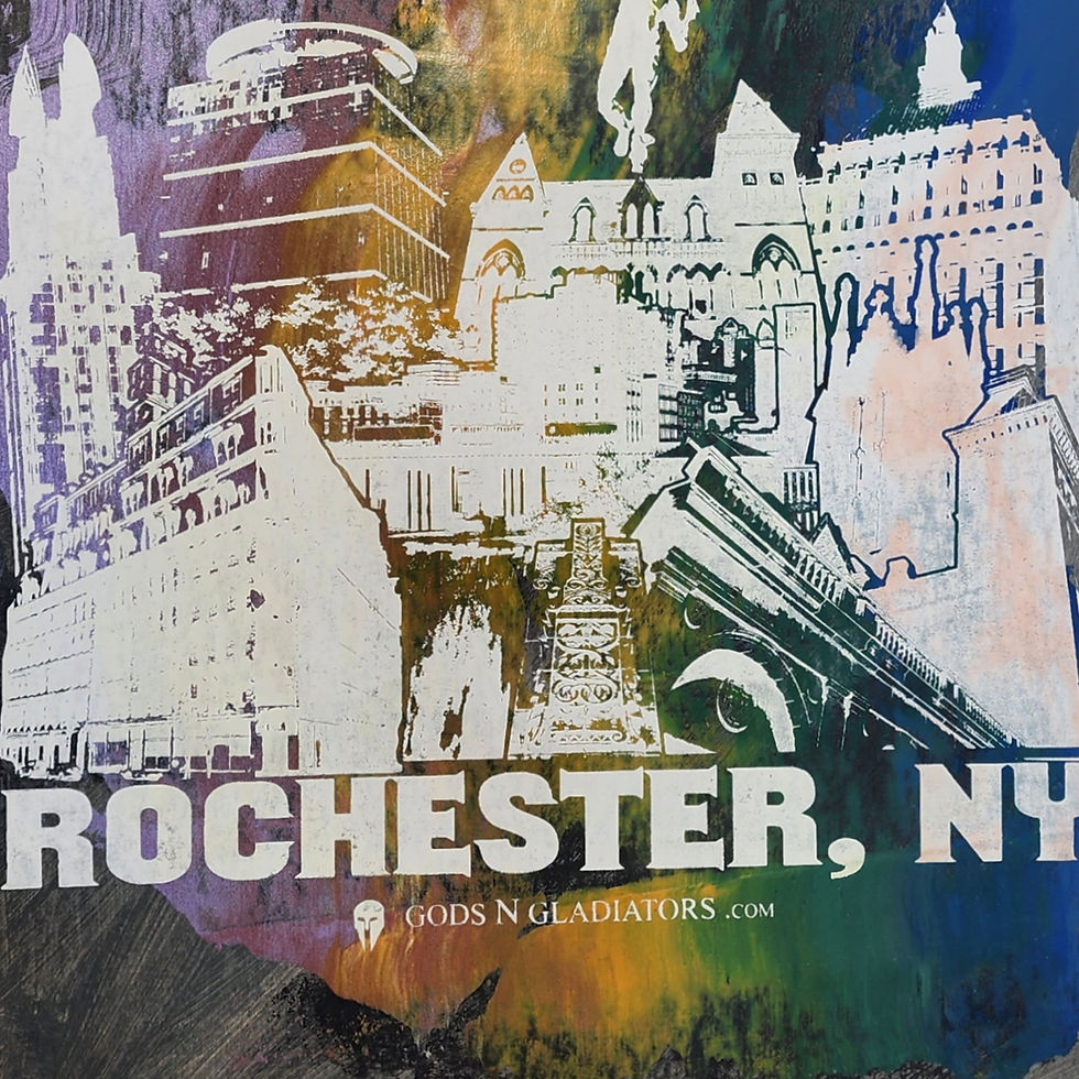Thumbnail: Close up of a OOAK 13x19" ROC Skyline print; white screen print on a mix of purple, gold, blue, and black paint strokes.