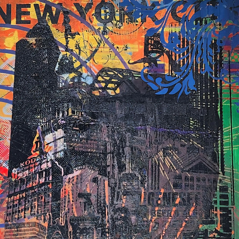 Thumbnail: Close up of a OOAK NYC Skyline Print: graphic with red orange chaos background on 13x19 in mixed media poster.