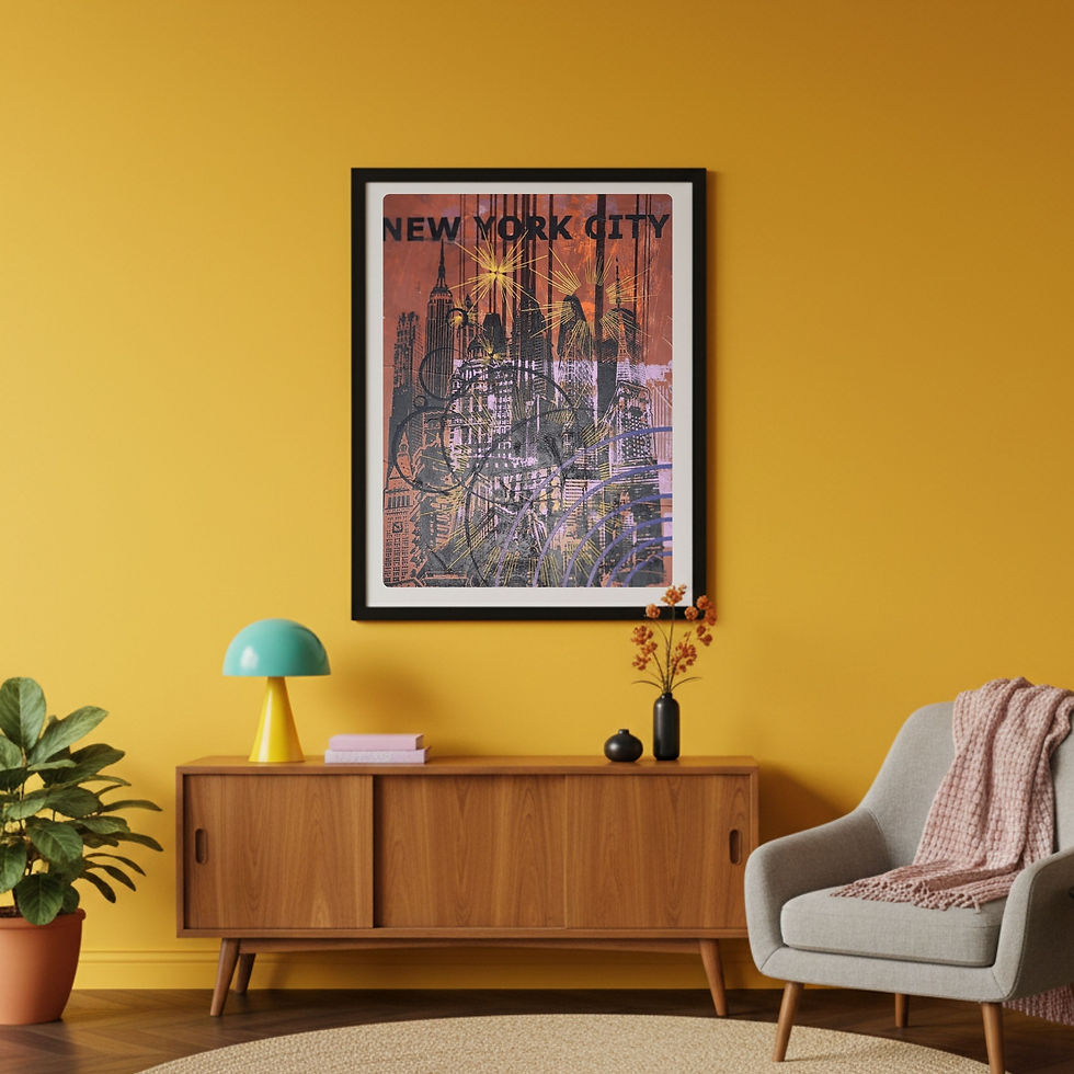 One-of-a-kind NYC Skyline Print: graphic with clay coral abstract background on 13x19 in mixed media poster.