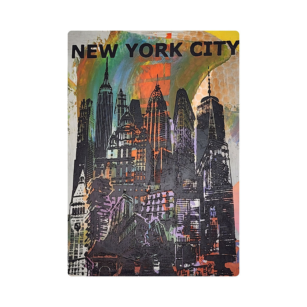 One-of-a-kind NYC Skyline Print: graphic with metropolis abstract background on 13x19 in mixed media poster.