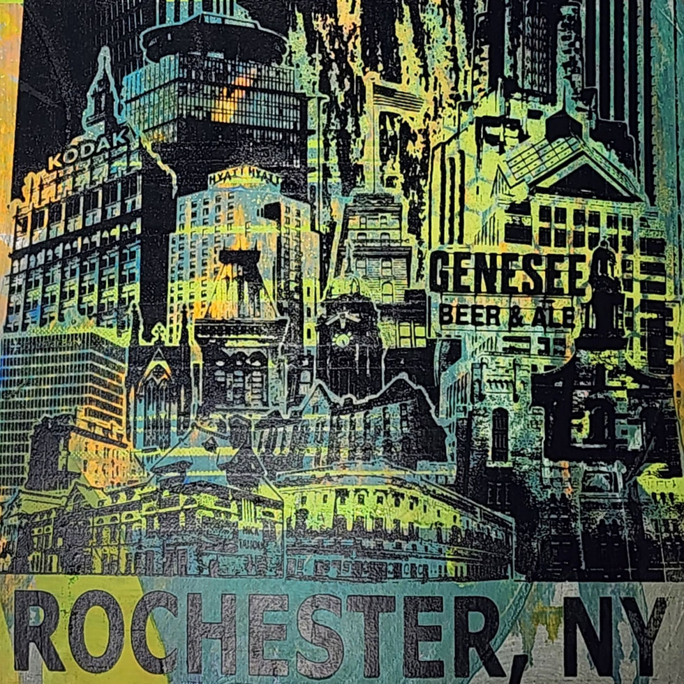 Thumbnail: close up of a OOAK 13x19" ROC Skyline print. Original hand screen printed poster art with neon yellow, teal, and gray.