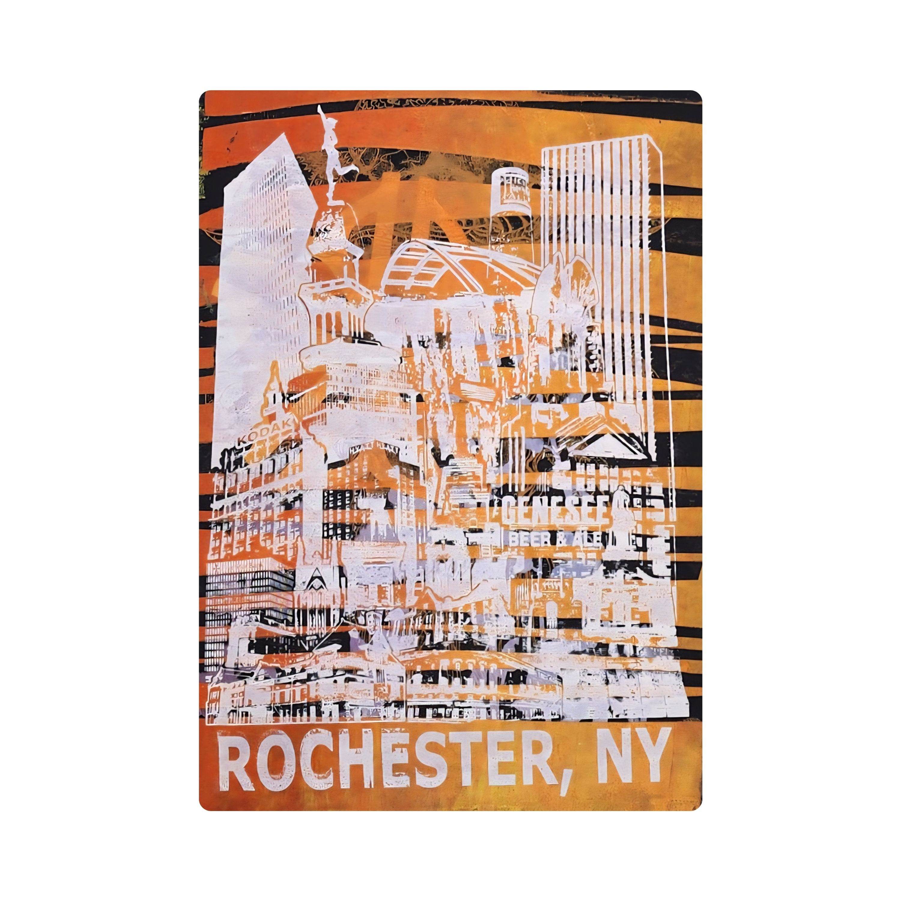 OOAK 13x19" ROC Skyline print; white screen print on a vivid orange and black patterned background.