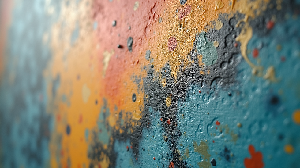 Close-up view of textured abstract painting with mixed media