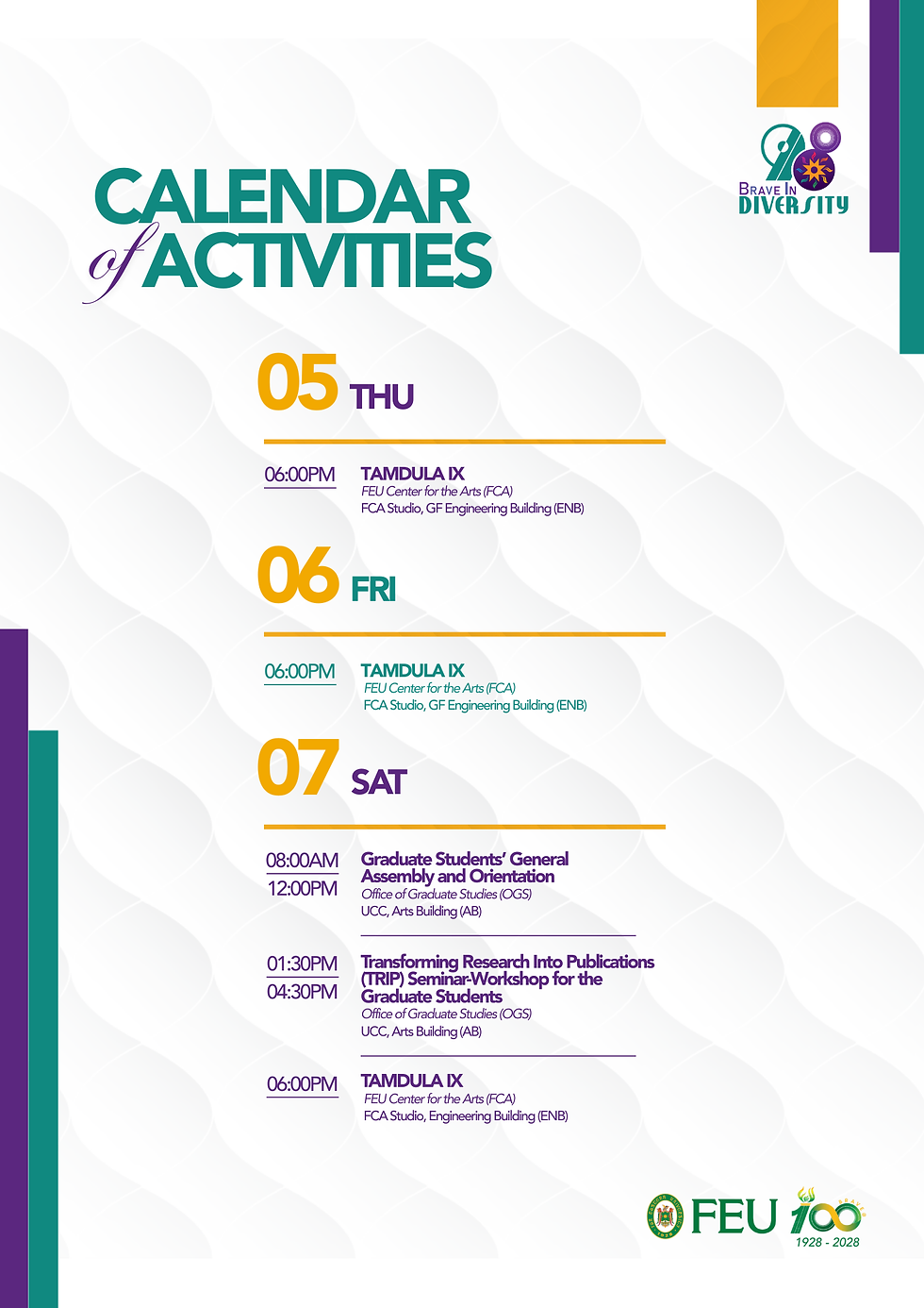 Calendar of Activities for FEU's 98th Founding Anniversary
