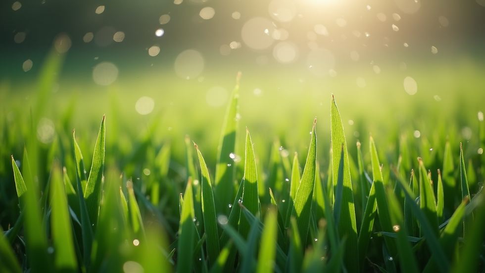 Close-up view of green grass with water droplets from irrigation
