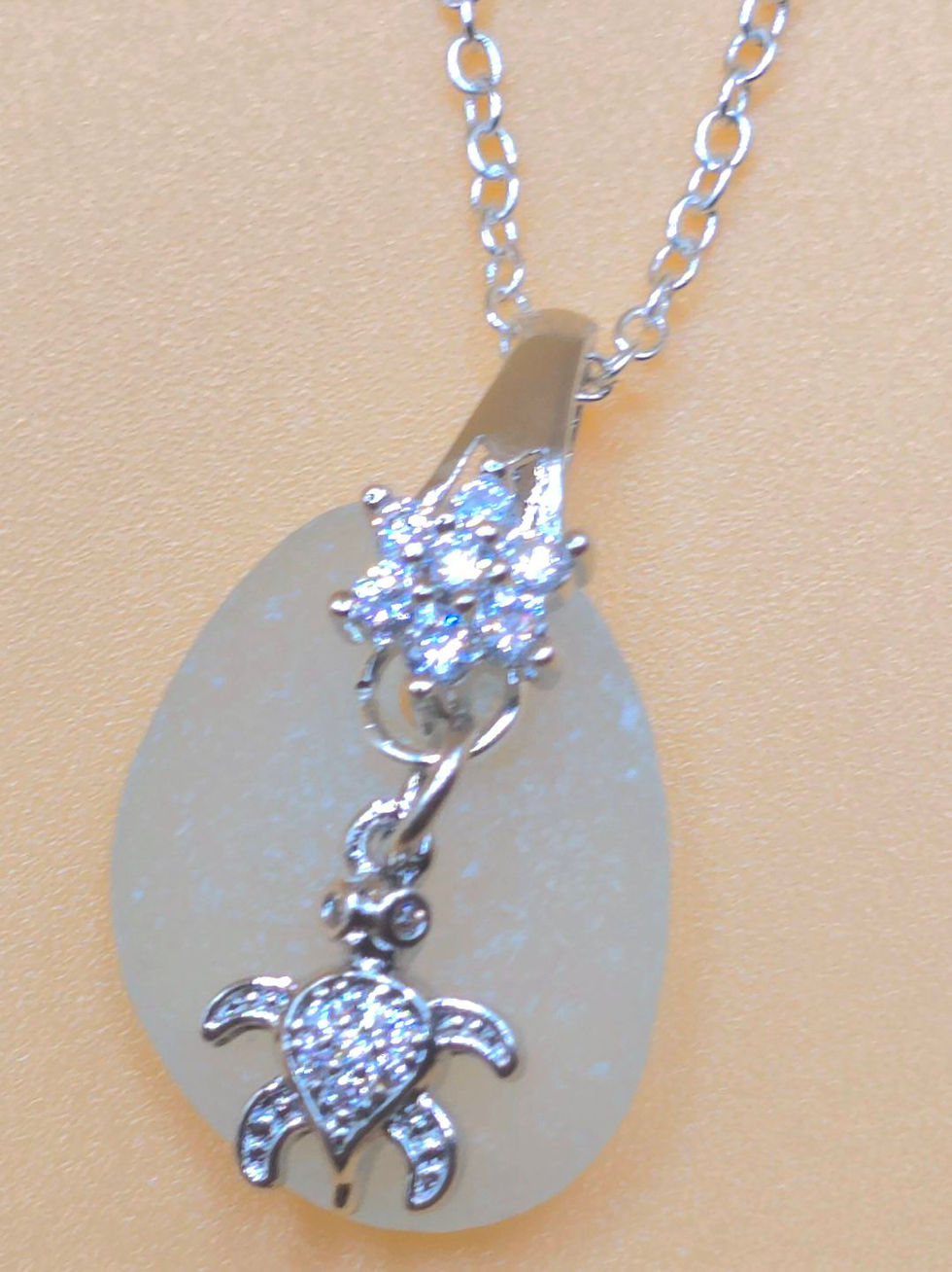 Silver Frosted Sea Glass Turtle Charm Necklace