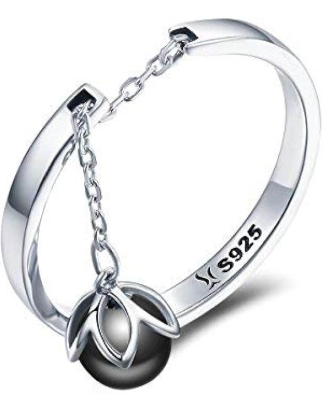 Sterling Silver Danlging Pearl Flower Chain Ring