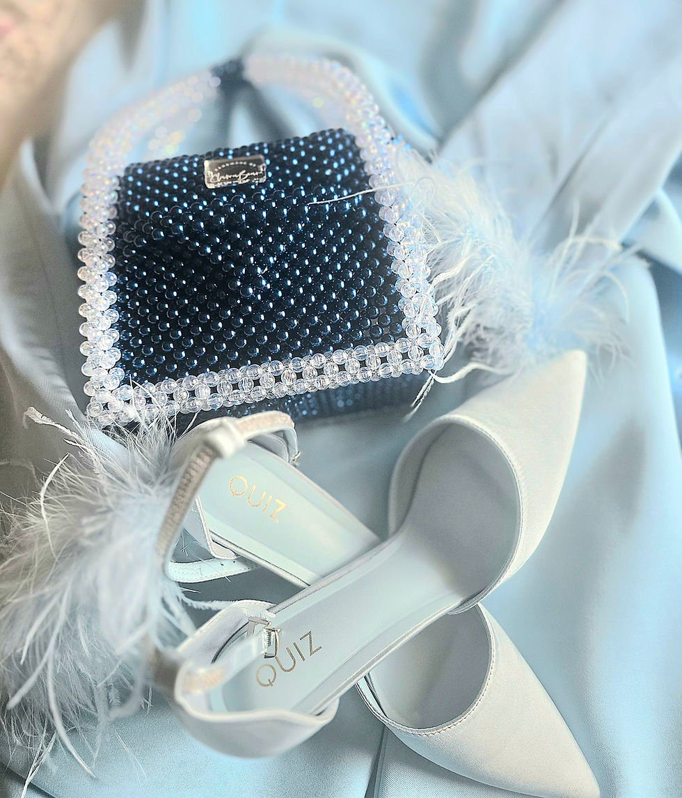 a sapphire blue beaded special occasions bag with clear crystal beaded handles  photographed with pale blue wedding shoes