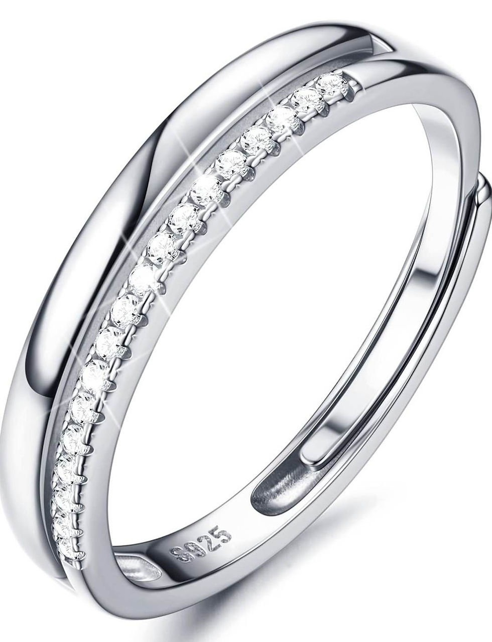 Sterling silver adjustable fit eternity ring with cubic zirconia stones on a plain white background