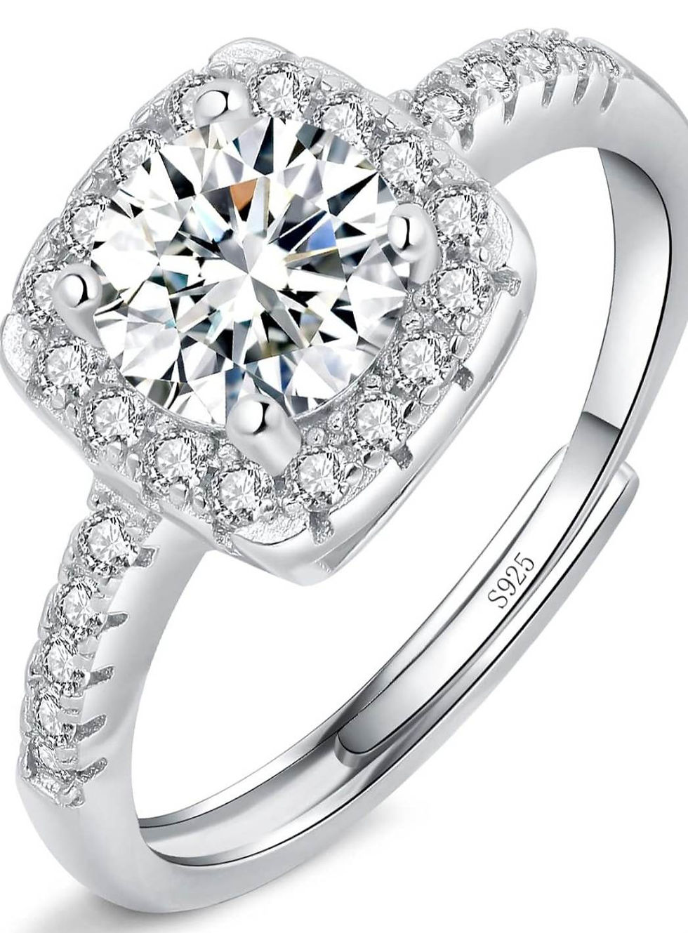 Sterling silver adjustable fit engagement ring with centre square cubic zirconia