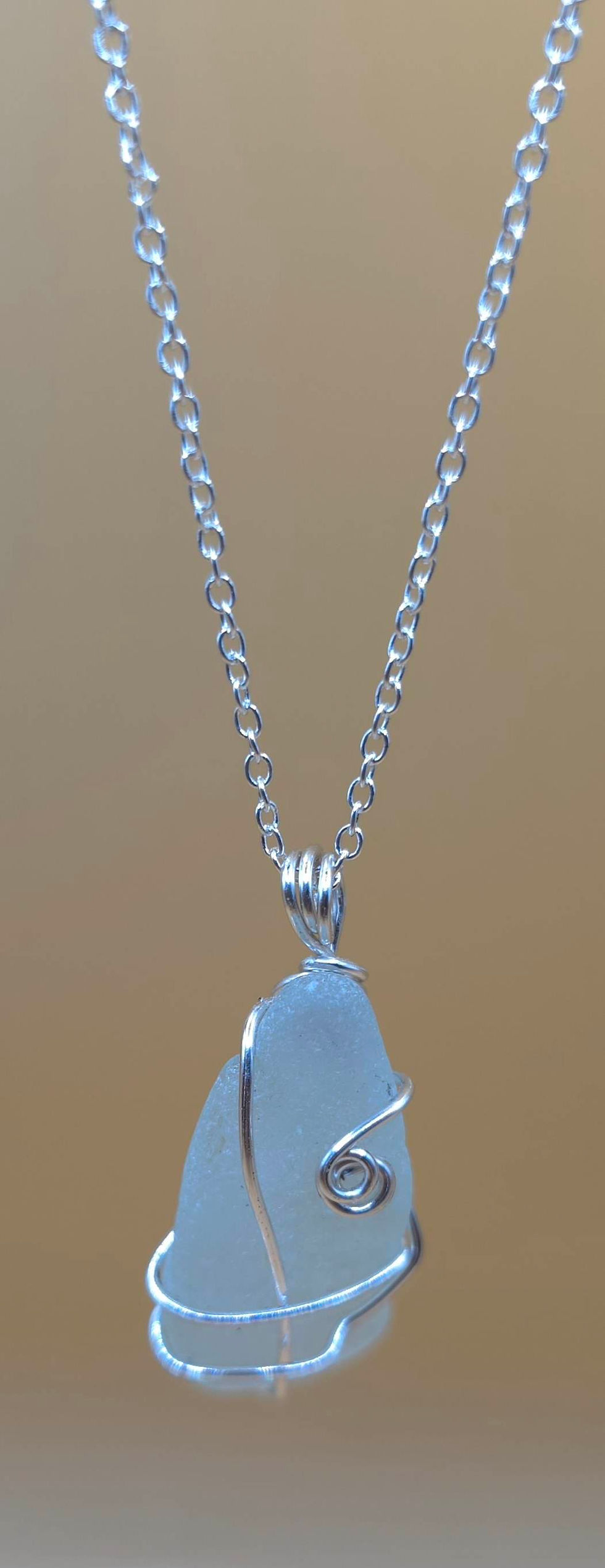 Silver Wire Wrapped Green Hue Sea Glass Necklace