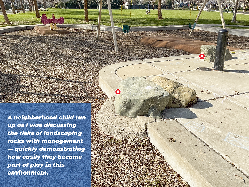 Example of playground equipment with landscaping rocks that don't have full safety surfacing or a use zone.
