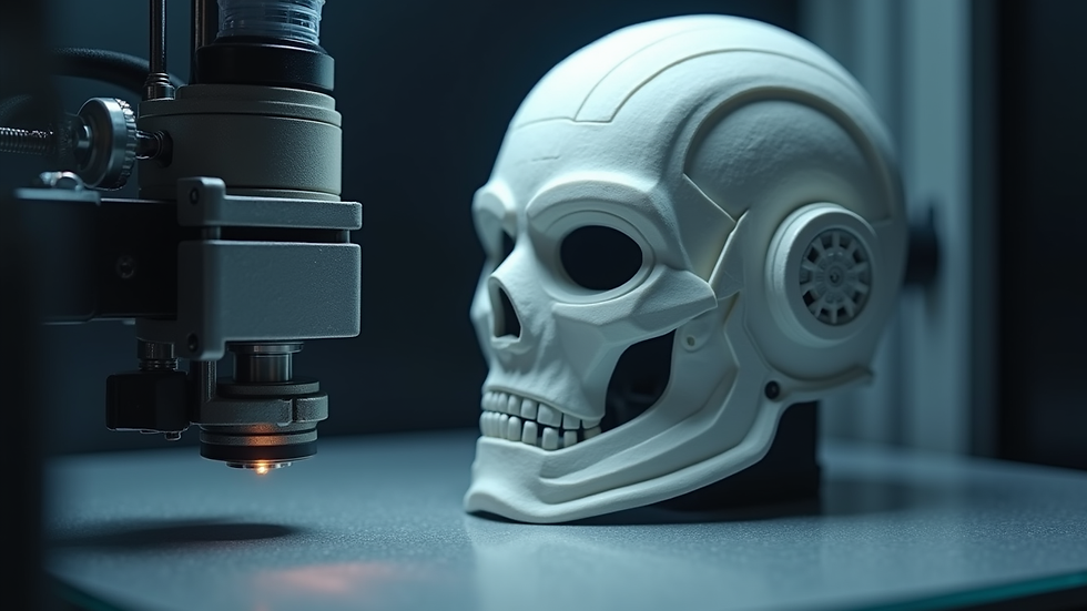 Eye-level view of a 3D printer creating a detailed sci-fi helmet