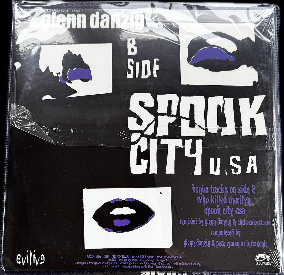 Back cover of Glenn Danzig’s Who Killed Marilyn? 2023 limited edition, showing tracklist with matching black-and-white design