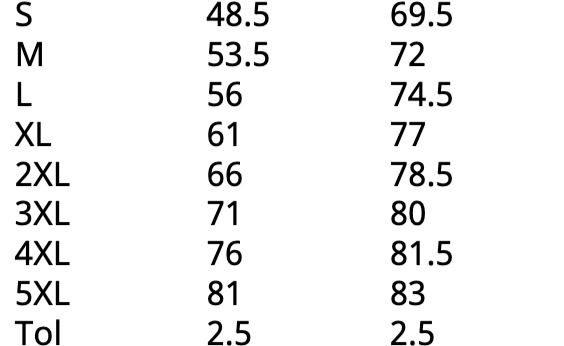 Size chart in centimeters showing width, length, and sleeve length for sizes S to 5XL.