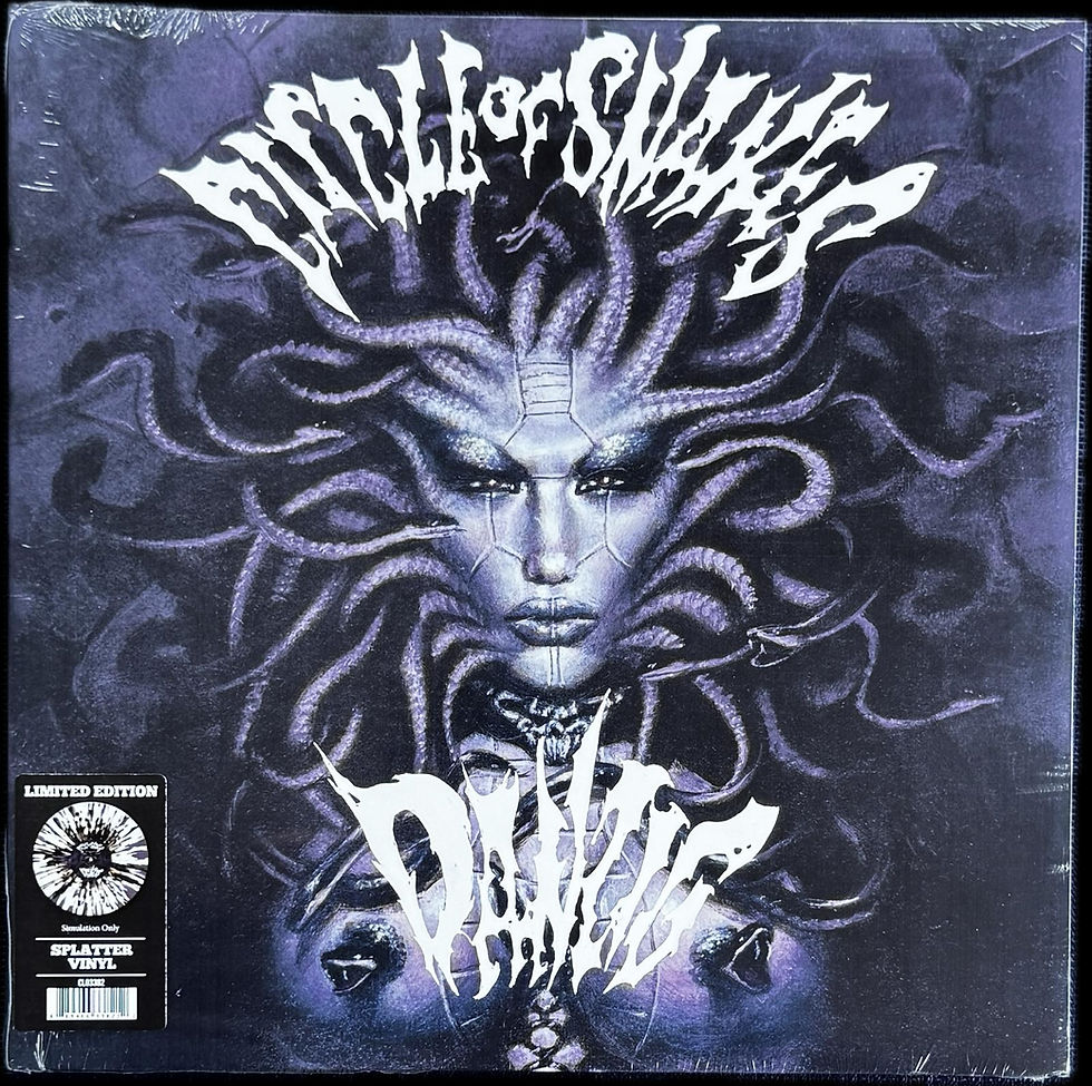 Front cover of Danzig’s Circle of Snakes 2022 limited edition, featuring dark Medusa-themed artwork with black and white text. The picture disc is signed by Glenn Danzig