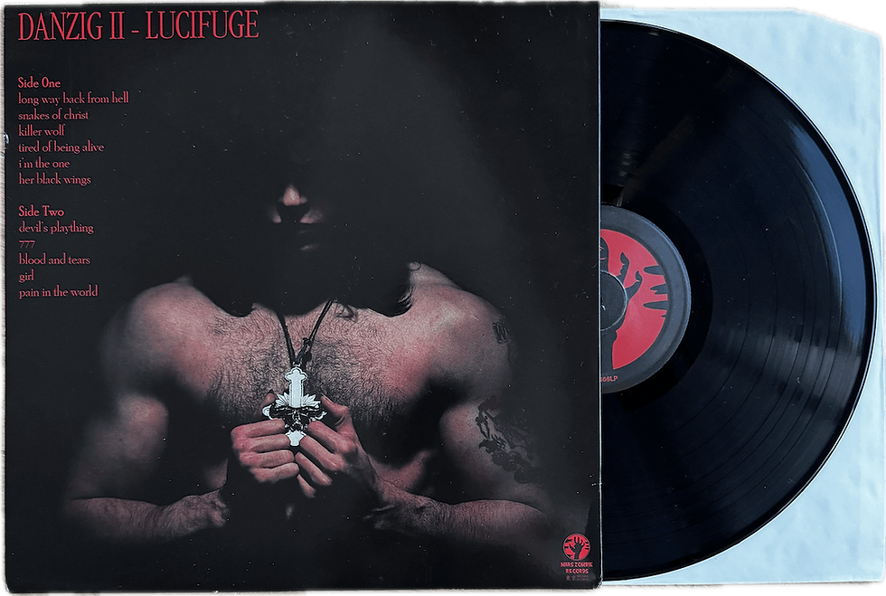Black vinyl of Danzig II: Lucifuge (Mars Zombie Records, Fanclub Edition), partially displayed outside the sleeve, featuring a detailed custom label design reflecting the album’s gothic and heavy metal themes.