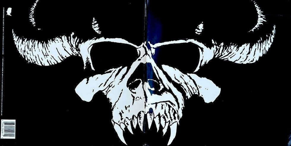 Thumbnail: Back cover of Danzig's self-titled album, 1988 US pressing, featuring demon skull logo in black and white.“