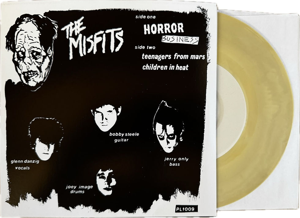 Back cover The Misfits – Horror Business 7 inch and partially visible creme white vinyl