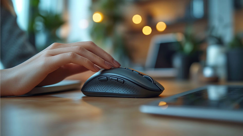 Hand auf einer Computermaus am Schreibtisch – Detailaufnahme zur Ergonomie am Arbeitsplatz.