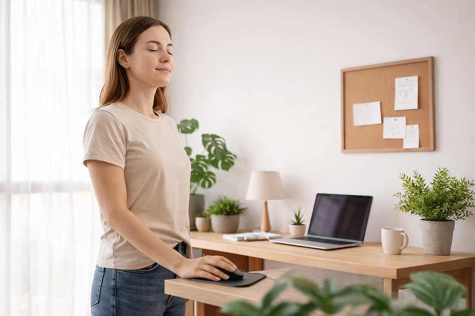 Kurze Augenpause am Computer – Symbol für Ergonomie am Arbeitsplatz und gesunde Bildschirmarbeit.