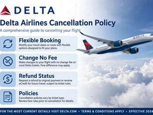 Infographic titled Delta Airlines Cancellation Policy showing a Delta airplane flying above clouds, with four sections explaining Flexible Booking, Change with No Fee, Refund Status, and Ticket Policies. Long Alt (for accessibility): A professional infographic with Delta Airlines logo. Title reads Delta Airlines Cancellation Policy - A comprehensive guide to cancelling your flight. On the right, a Delta aircraft flies over white clouds against a blue sky. On the left, four light blue boxes with icons: Flexible Booking for modifying dates, Change No Fee for most tickets, Refund Status for original payment or eCredit, and Policies noting rules vary by ticket type. Footer says For the most current details visit Delta.com.