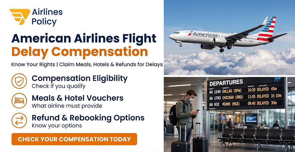 American Airlines Flight Delay Compensation” explaining passenger rights. It lists compensation eligibility, meals and hotel vouchers, and refund/rebooking options, with a button reading “Check Your Compensation Today.” On the right are photos of an American Airlines plane and an airport departures board showing delayed flights.