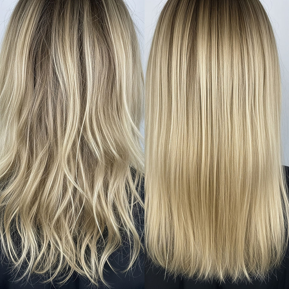 Side-by-side comparison of blonde hair, wavy and textured on the left, straight and smooth on the right, set against a plain background.