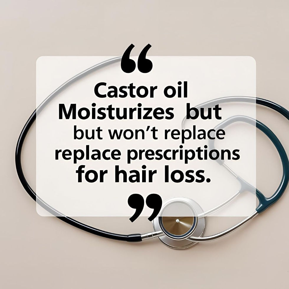 Stethoscope on beige background with text about castor oil: "Moisturizes but won’t replace prescriptions for hair loss." Neutral tone.