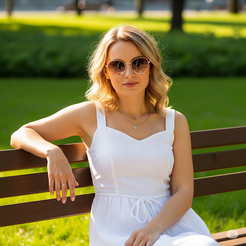Woman in a white dress and sunglasses sits relaxed on a park bench, surrounded by lush green grass and trees, in a sunny setting.