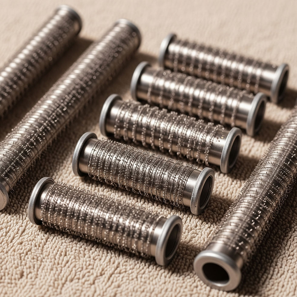 Seven metallic cylindrical rollers with textured surfaces on a beige textured cloth, reflecting light, creating a symmetrical pattern.
