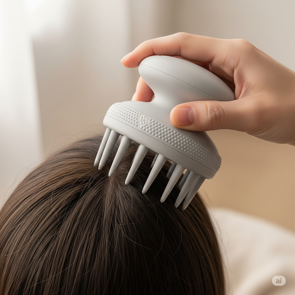 Hand using a gray scalp massager on brown hair, in a softly lit room with blurred background, creating a calm and soothing mood.